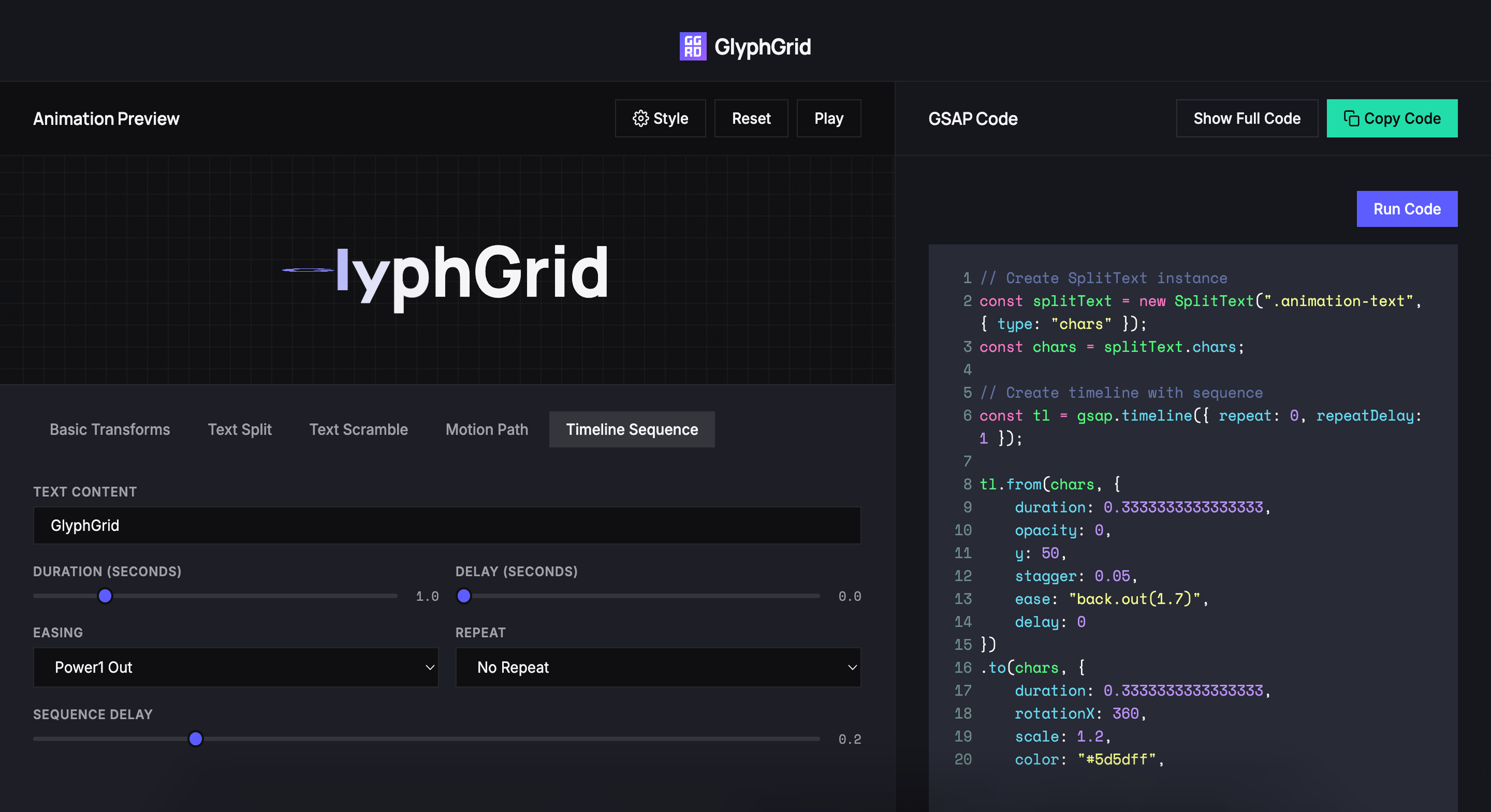 GlyphGrid - A GreenSock animation playground